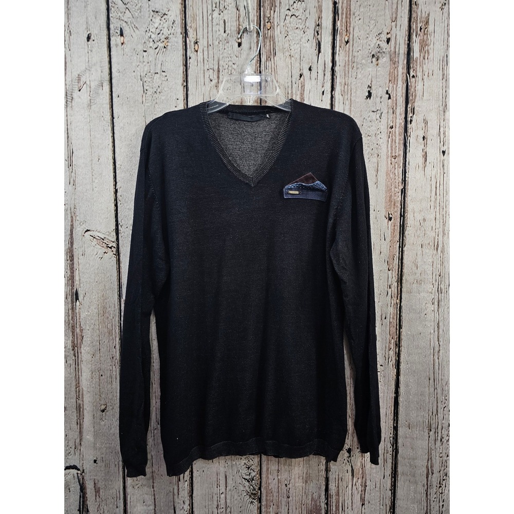 JOHN BIAGGIO V Neck Long‎ Sleeve Sweater Mens XL Black Textured Pocket Detail